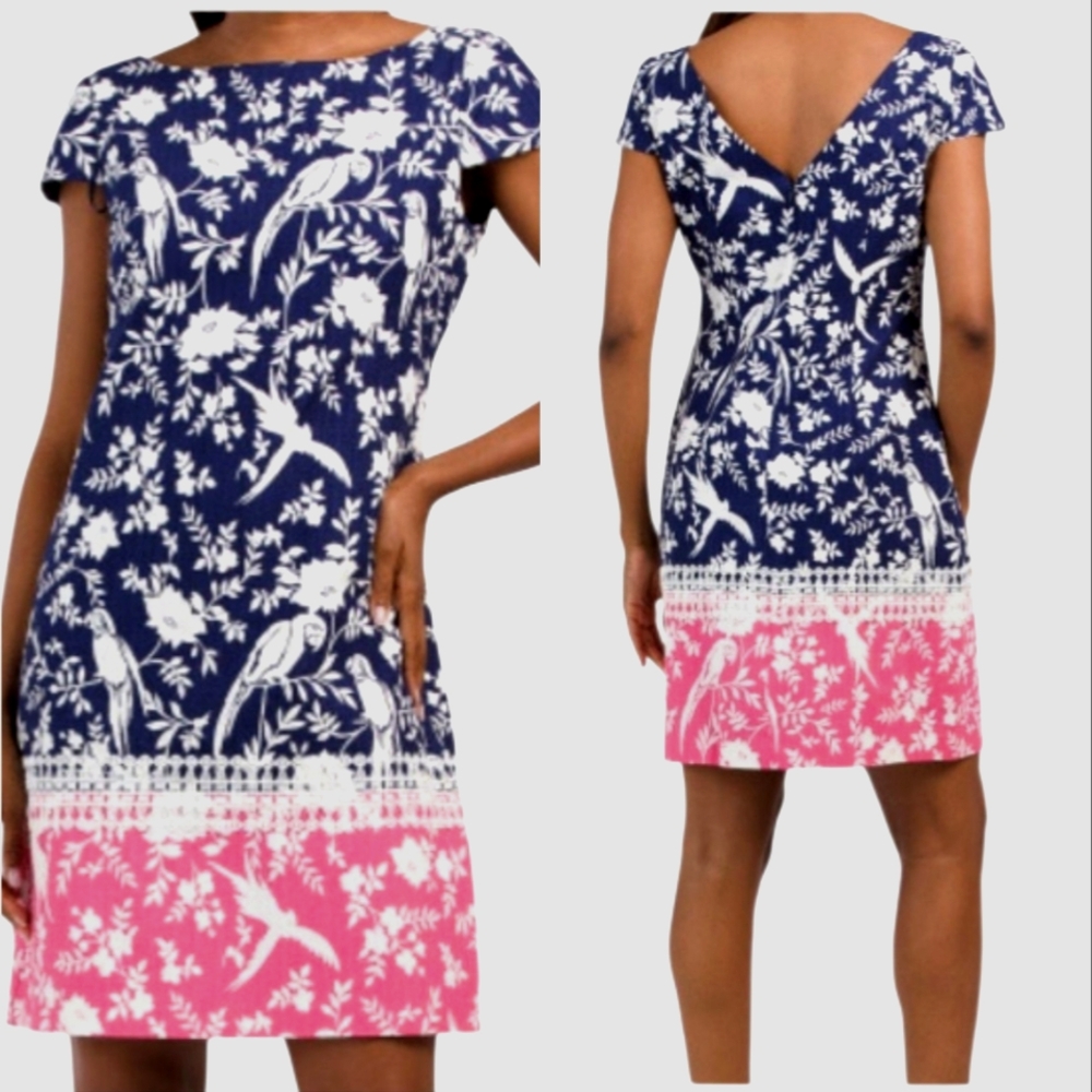 Nwot Eliza J Navy/White/Pink Cap Sleeve Floral Parrot Geo. Lace Sheath Dress